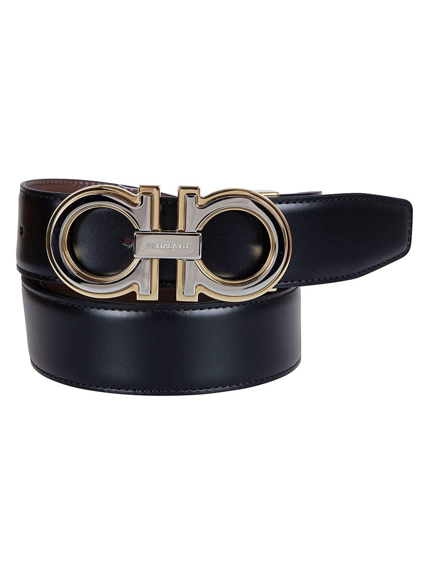Ferragamo Leather Belt With Polished Gold Gancini Buckle
