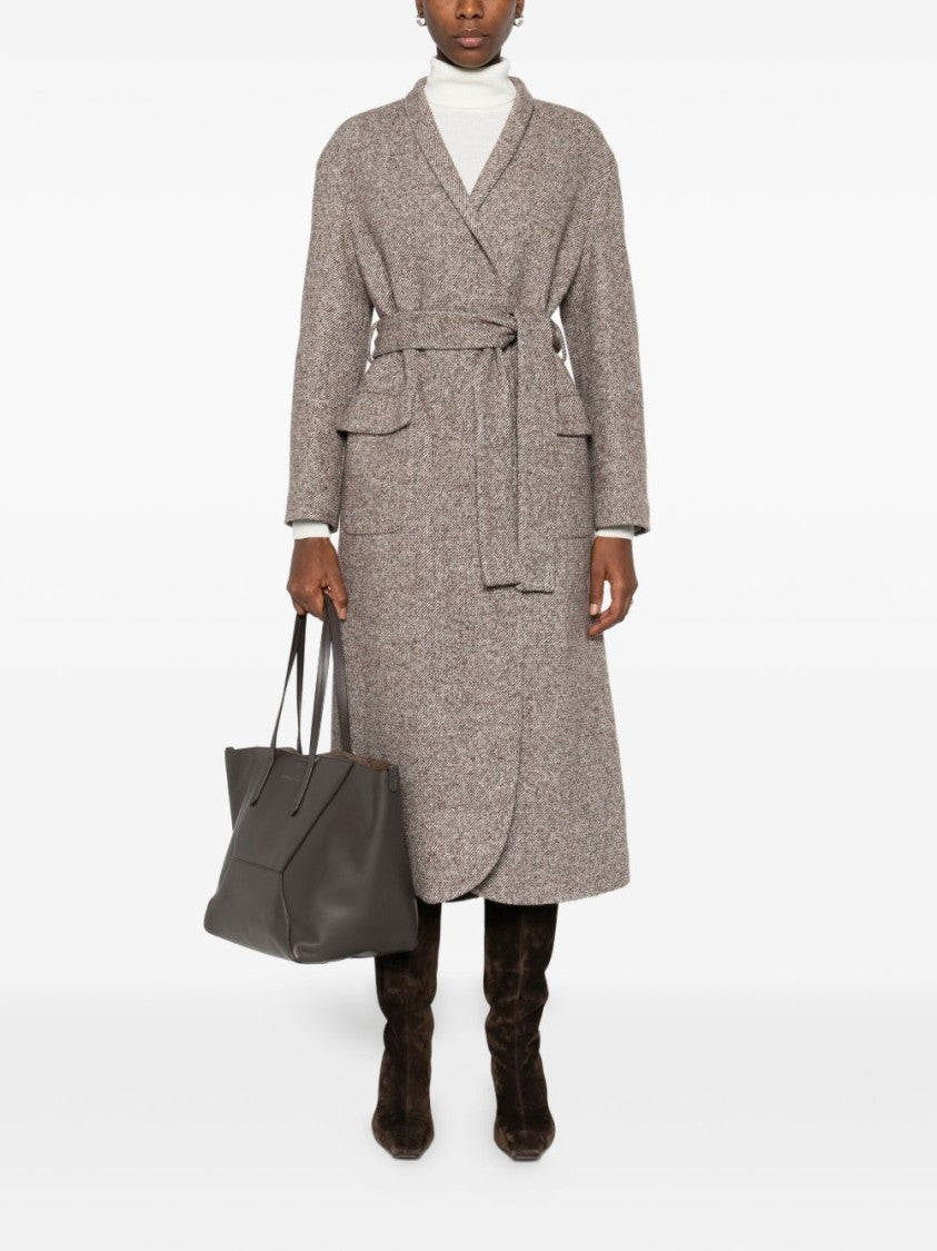 Brunello Cucinelli Textured Brown Long Coat With Shawl Collar And Matching Belt