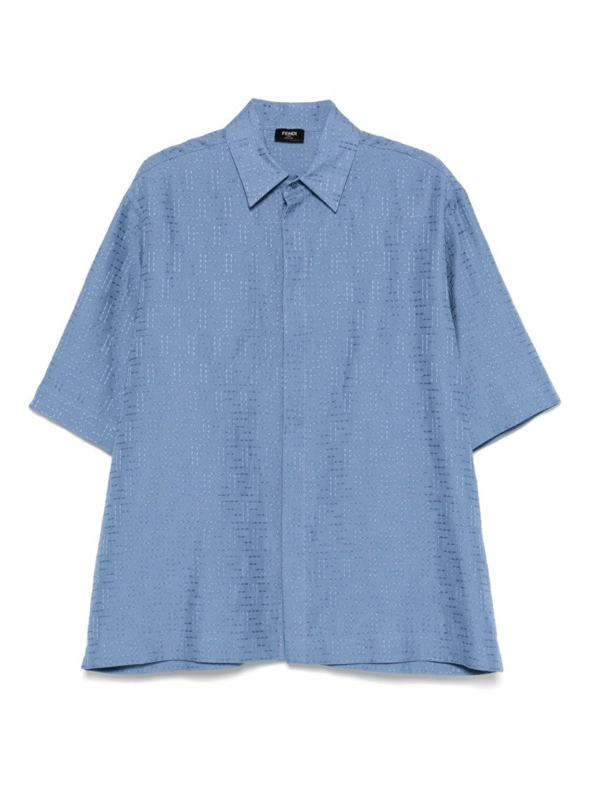 Fendi Oversized Short-Sleeved Shirt In Light Blue Linen Ff Jacquard