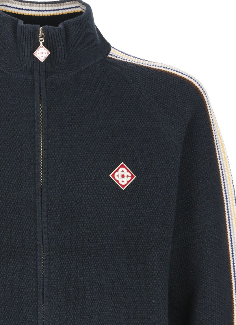 Casablanca Blue Zip-Up Cotton-Wool Textured Knit Sweatshirt