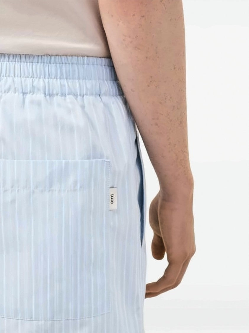 Ami Paris Light Blue And White Vertical Stripe Shorts
