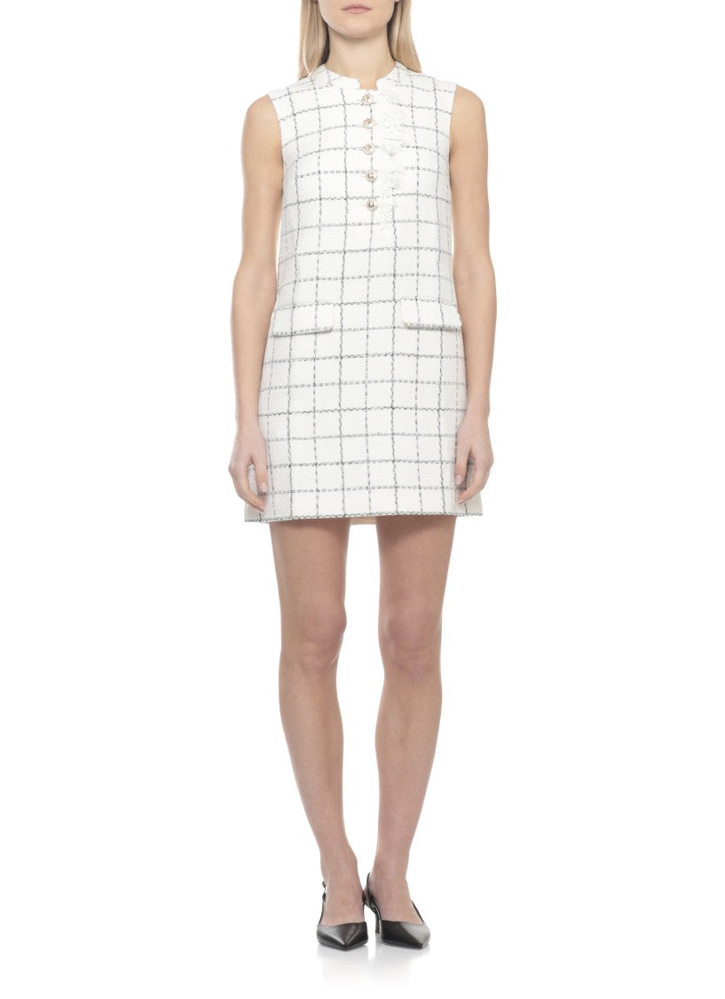Self-Portrait Ivory Check Boucle Mini Dress With Lace Trim And Sequined Detail