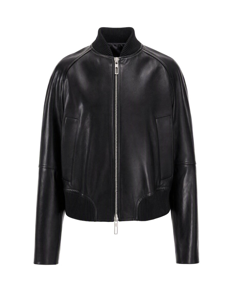 Sportmax Black Smooth Lambskin Ribbed Collar Zip Bomber Jacket