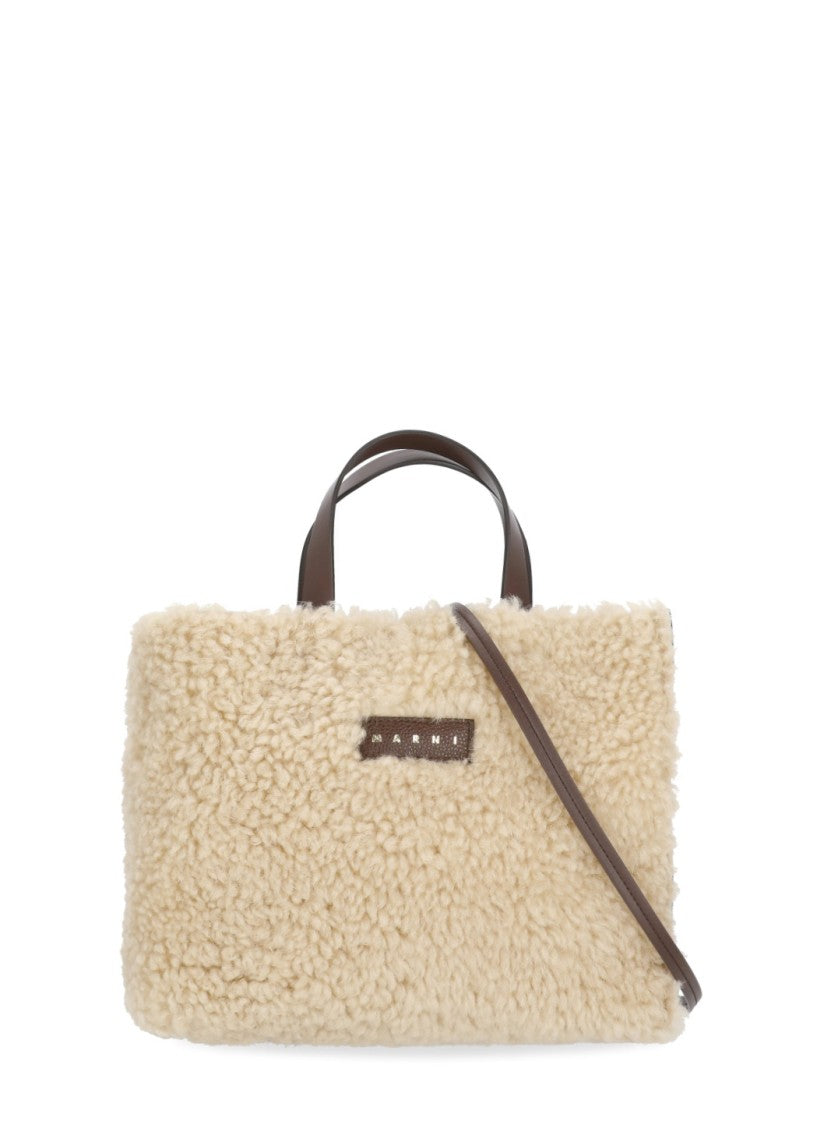 Marni Beige Fur-Front Gold Logo Leather Shoulder Bag