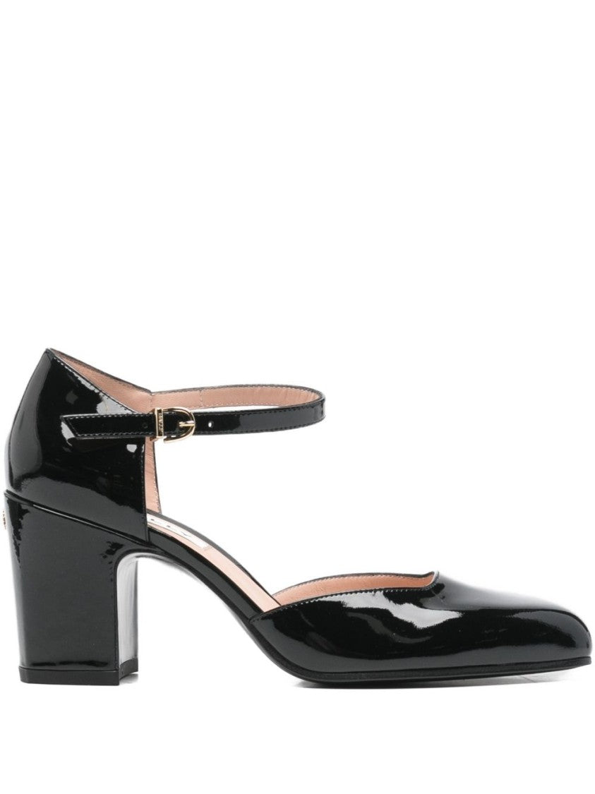 Bally Glossy Black Block Heeled Strap Pumps
