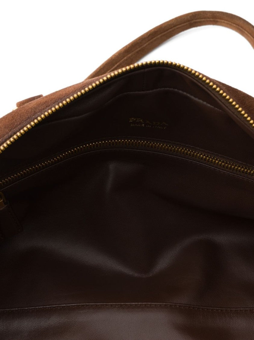 Prada Medium Suede Bowling Bag With Metal Hardware And Nappa Leather Interior