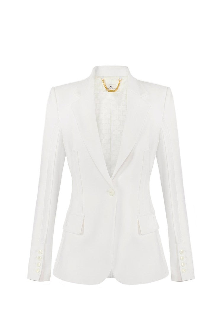 Elisabetta Franchi Ivory Peak Lapel Single-Button Raw-Edge Polyester-Blend Blazer