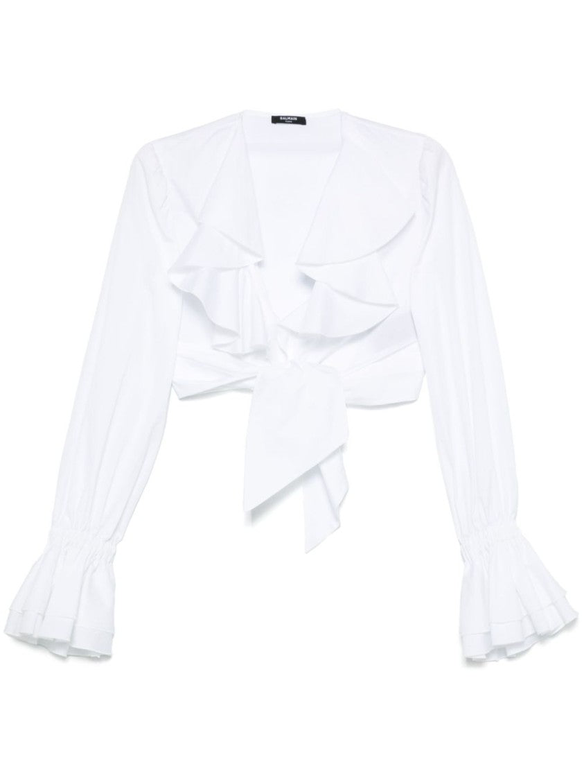 Balmain White Cropped Ruffled V-Neck Top
