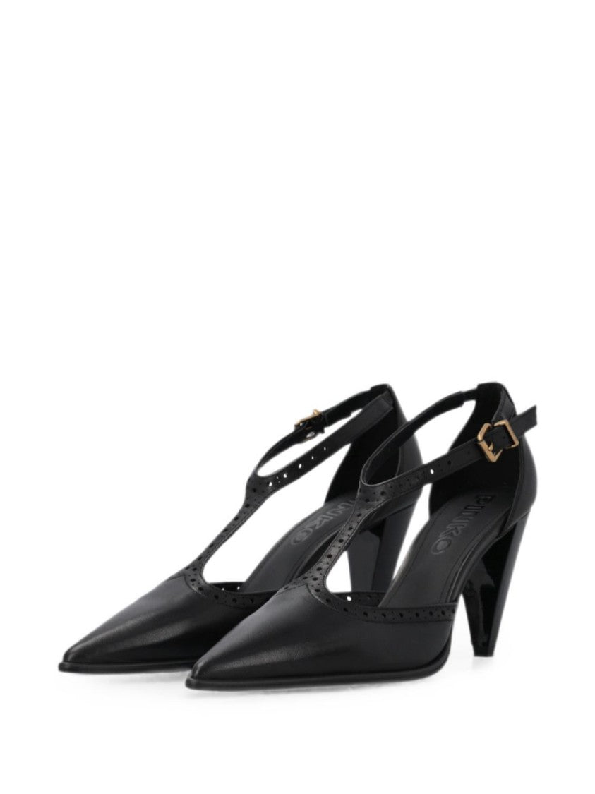 Pinko Black Pointed Toe T-Strap Perforated Pumps