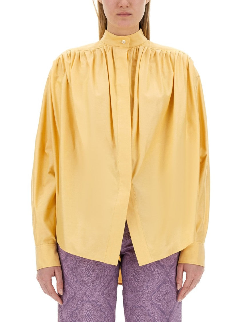 Etro Pleated High Collar Cotton Poplin Blouse