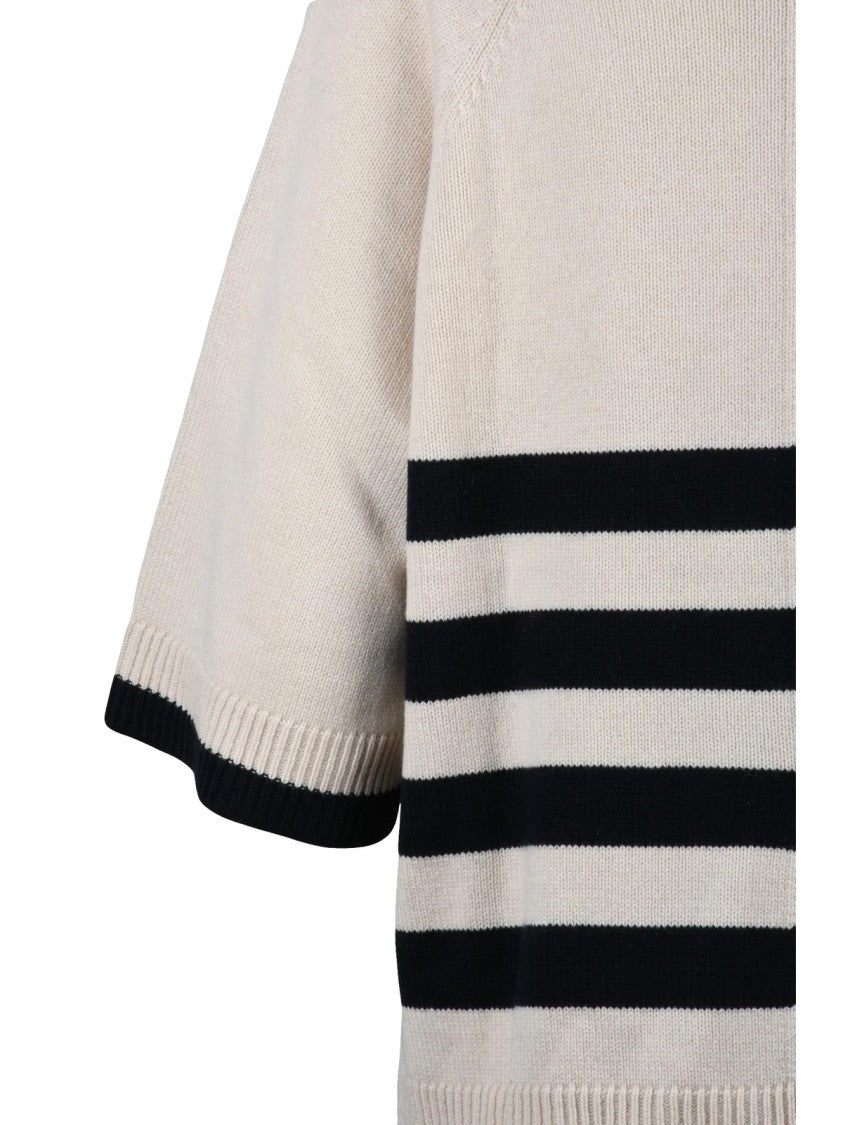 Gran Sasso Short Sleeve Turtleneck Sweater With Navy Stripe Accents