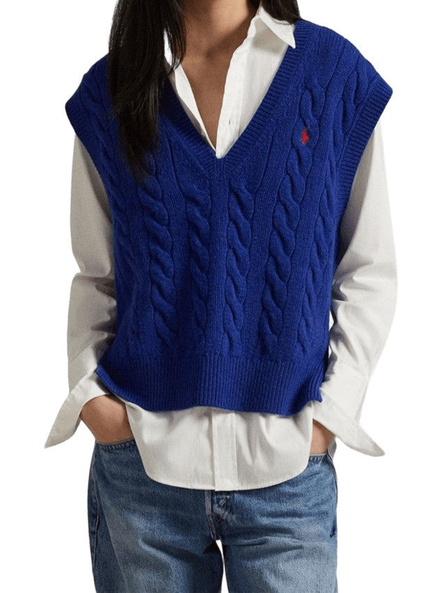 Polo Ralph Lauren Cable Knit V-Neck Vest In Rich Blue