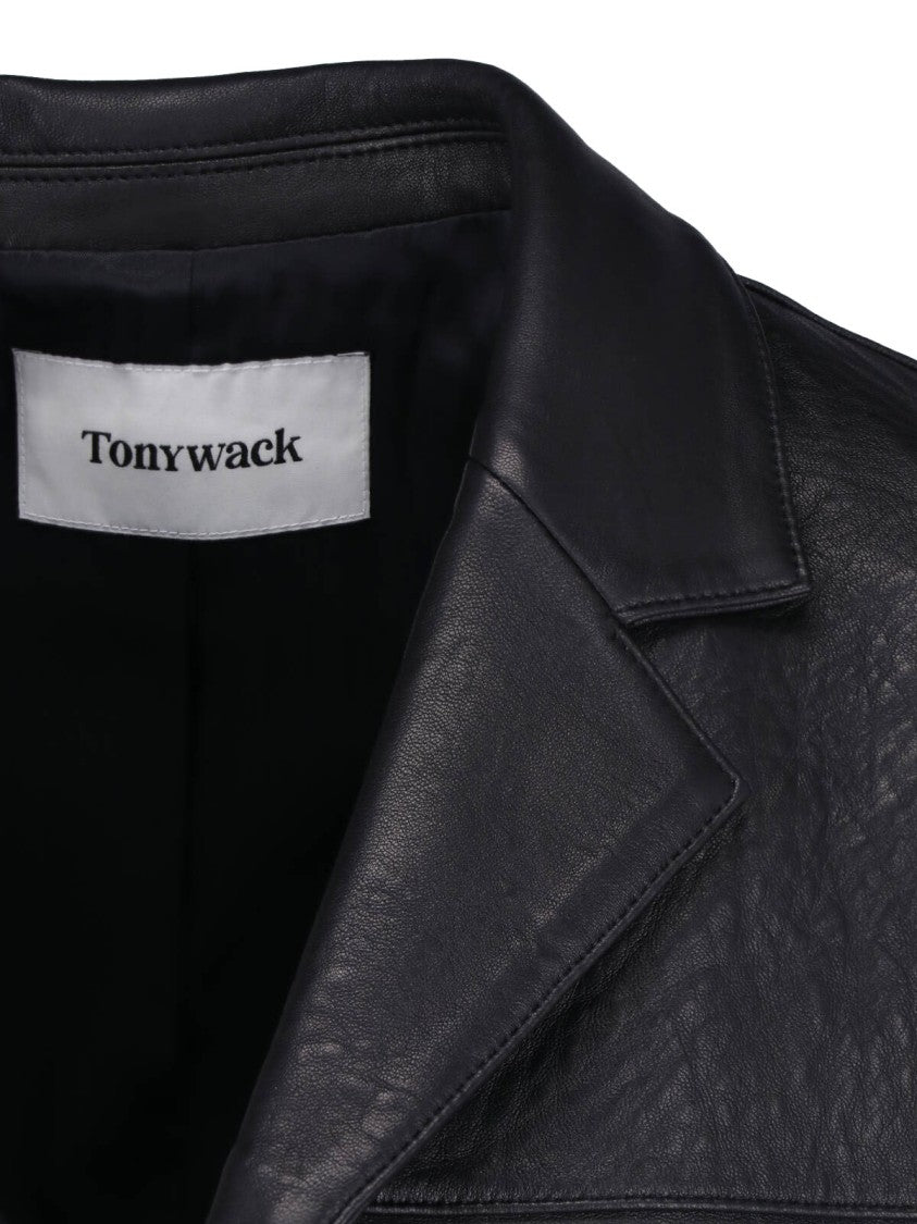 Tonywack Black Lapel Flap Pockets Structured Leather Jacket