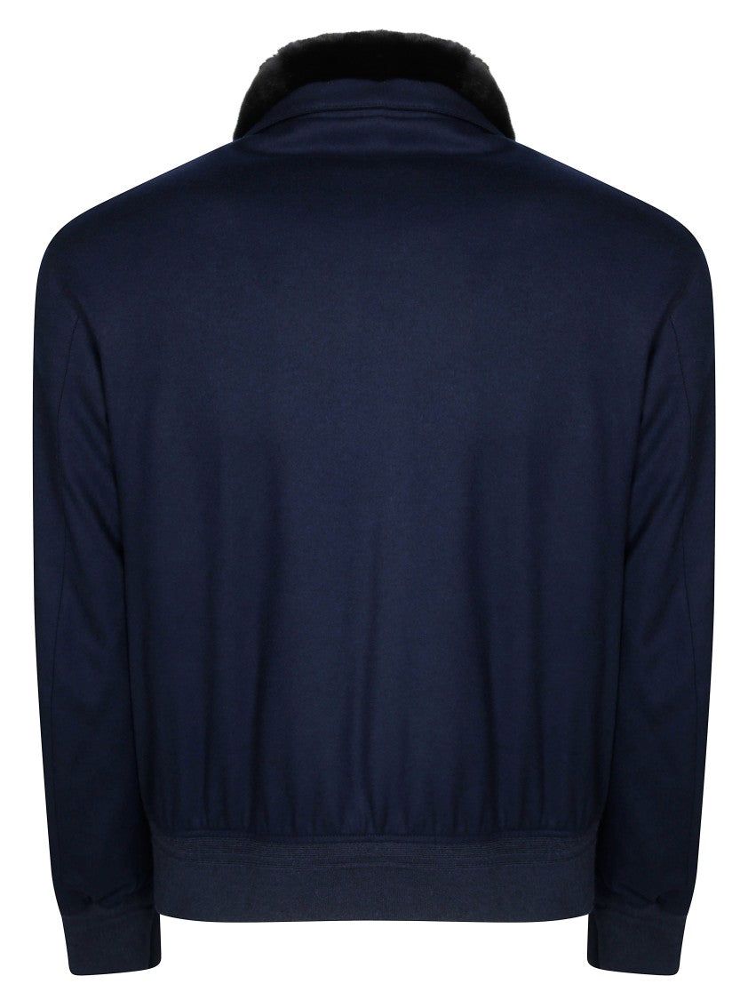 Montecore Blue Wool-Blend Plush Fur Collar Jacket