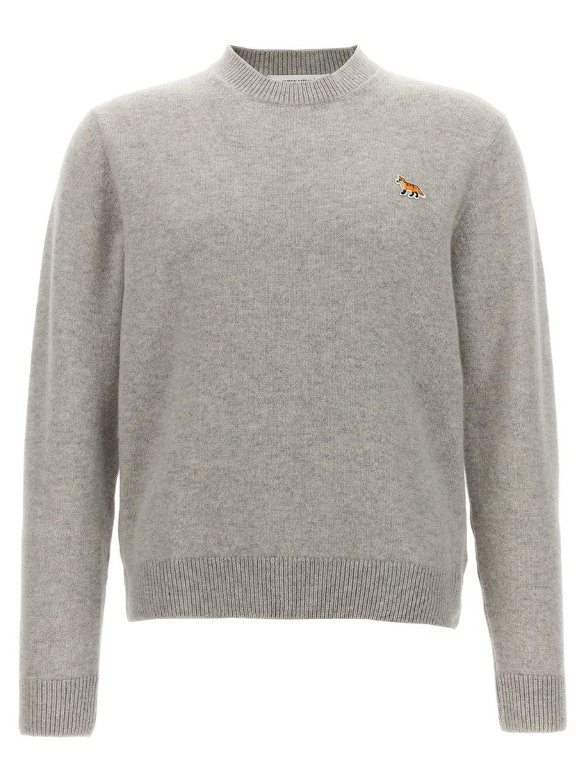 Maison Kitsuné Heathered Grey Crewneck Sweater With Embroidered Fox Emblem