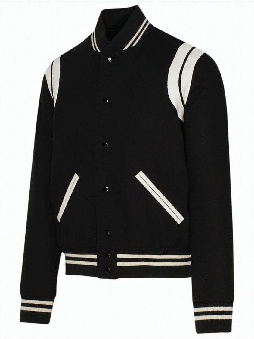 Saint Laurent Wool Blend Bomber Jacket With Contrasting White Stripes