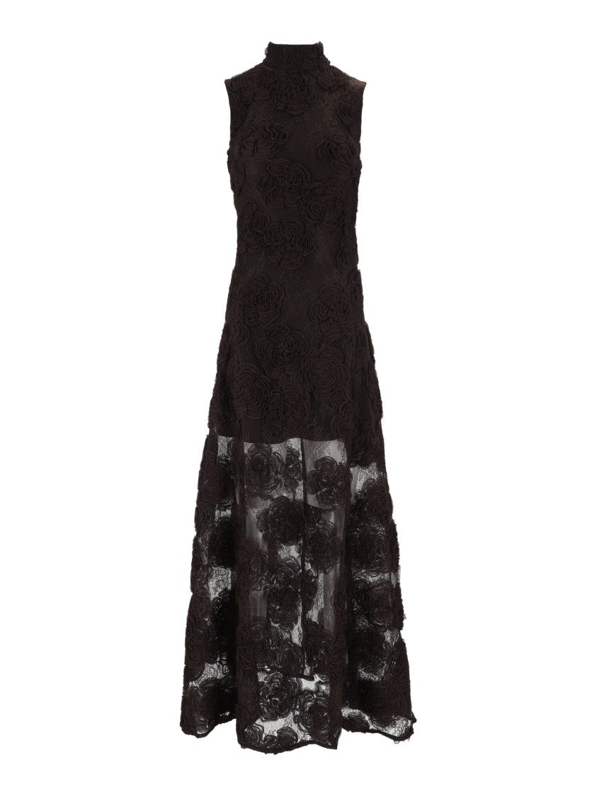Rotate Black Slim-Fit 3D Floral Maxi Dress