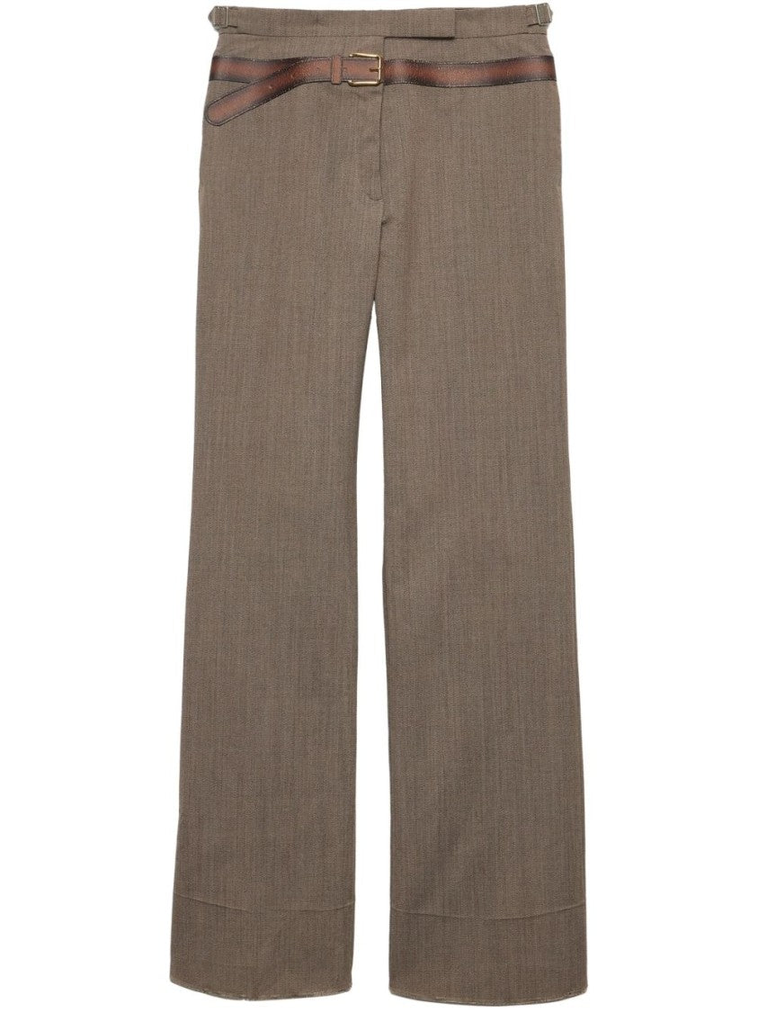Prada Taupe Grey Wool Trousers With Belted Waist