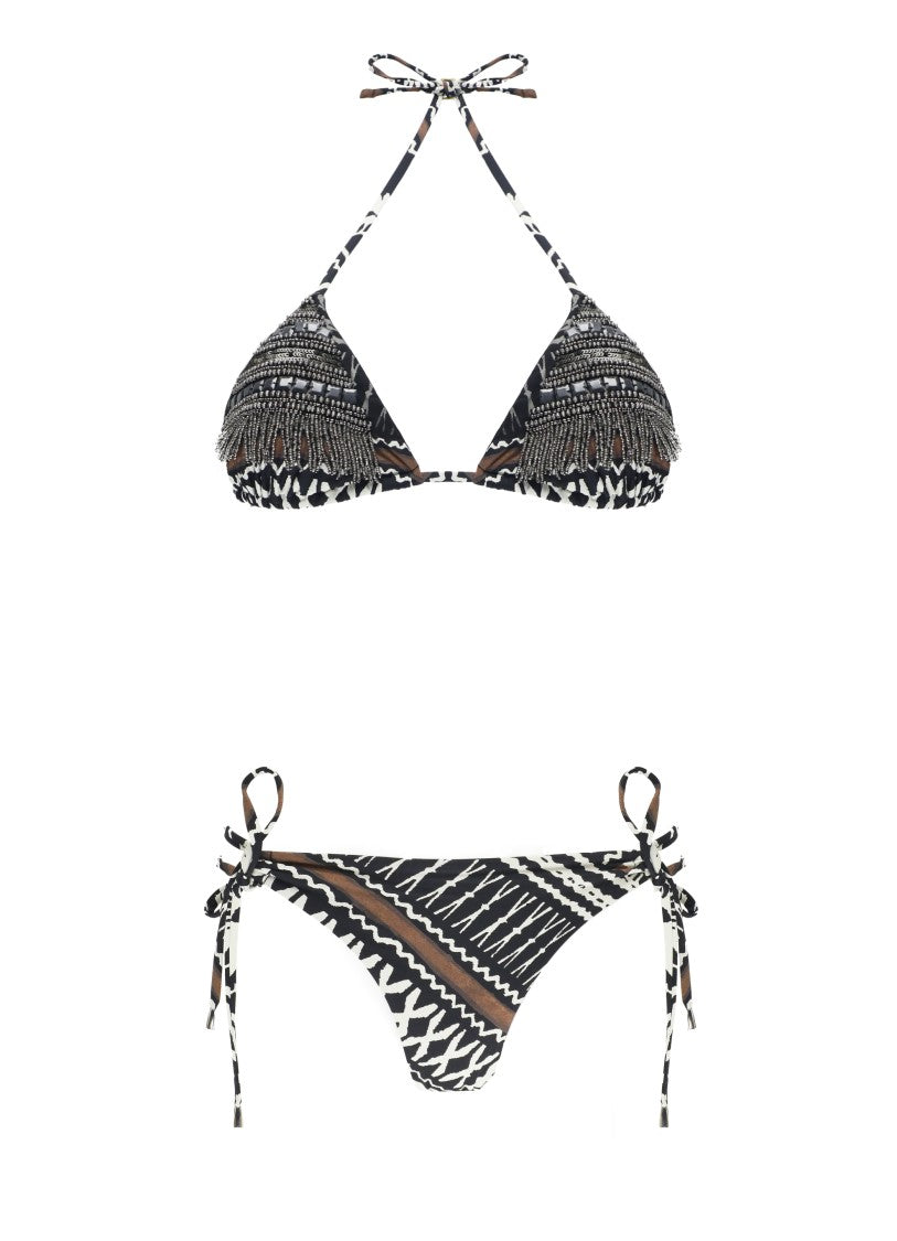 Miss Bikini Geometric Pattern Triangle Bikini With Fringes And Beads