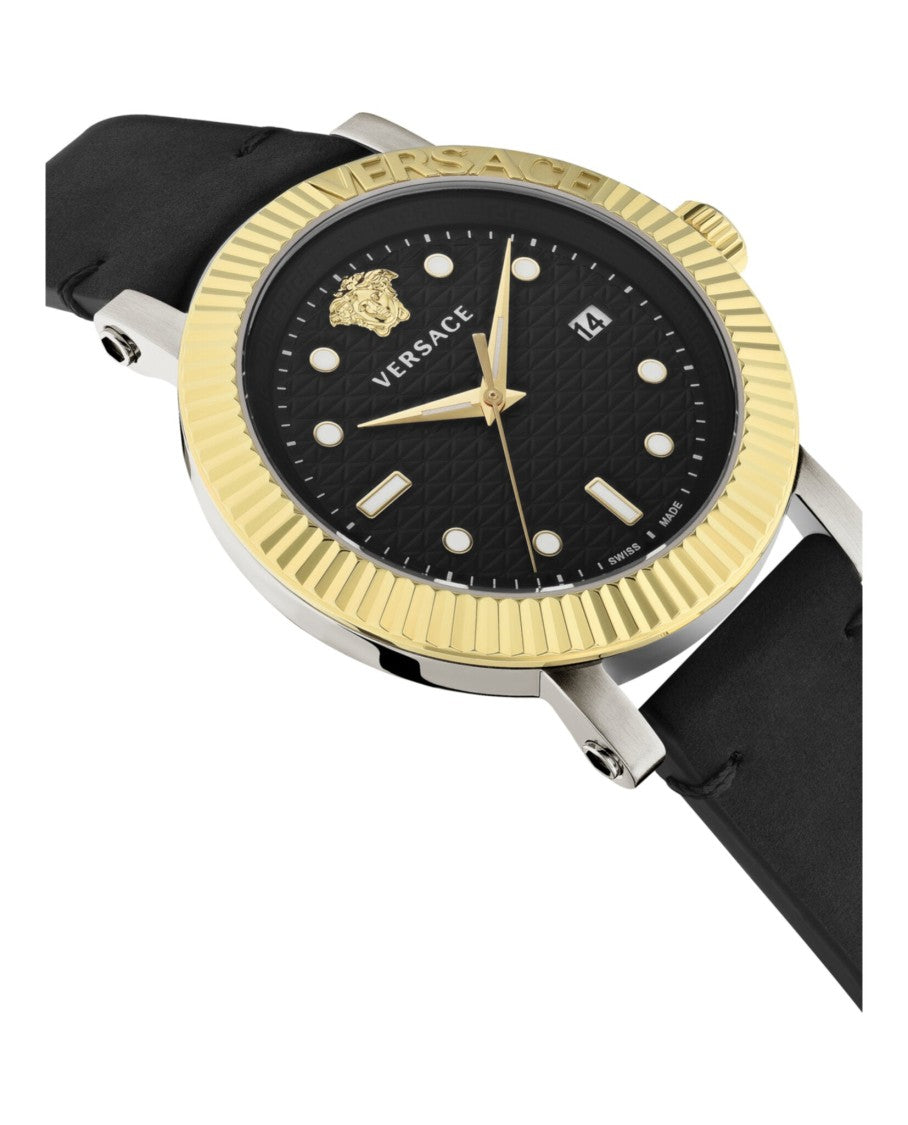 Versace Two-Tone Swiss Made Leather Watch With Guilloche Dial