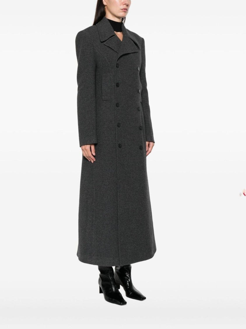 The Nina Studio Long Double-Breasted Coat With Classic Lapels In Grey Wool