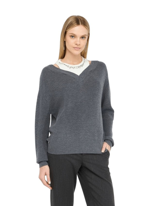 Liu Jo Grey Knit Sweater With Jewel-Embroidered Inserts