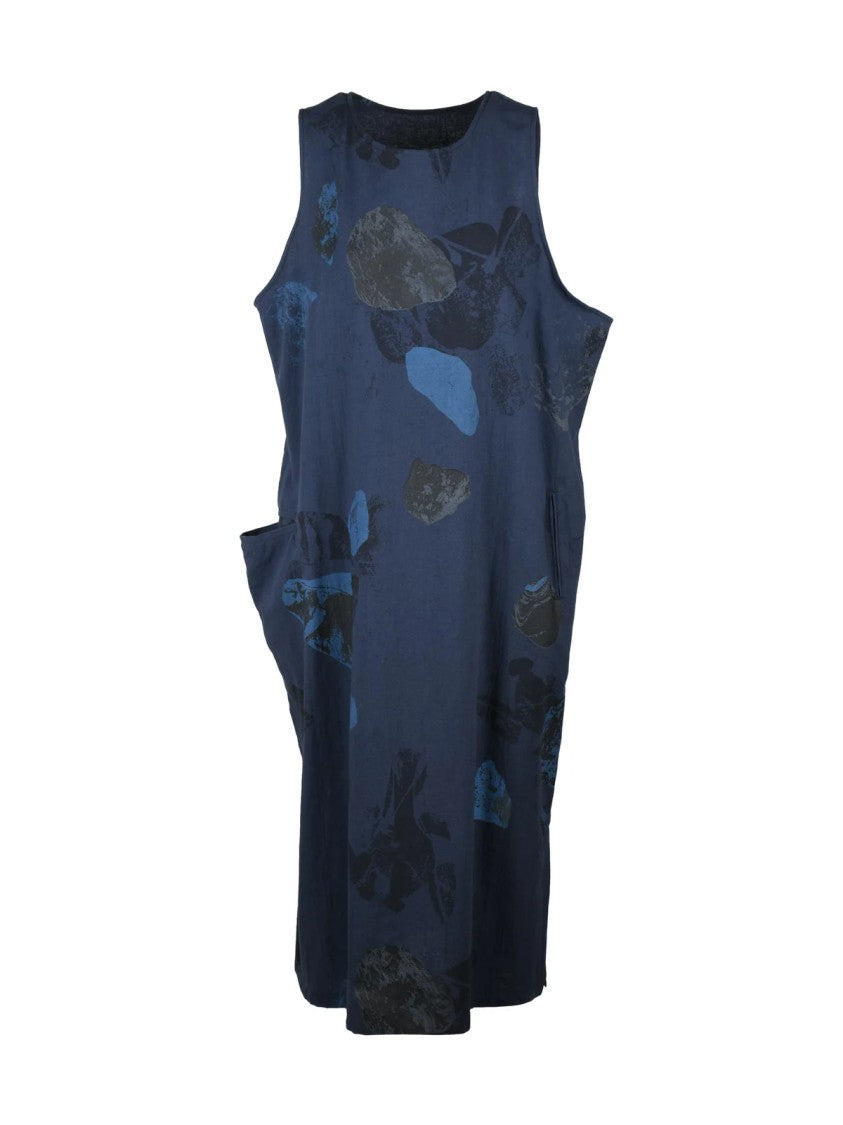 Yohji Yamamoto Blue Asymmetrical Floral Linen-Blend Dress