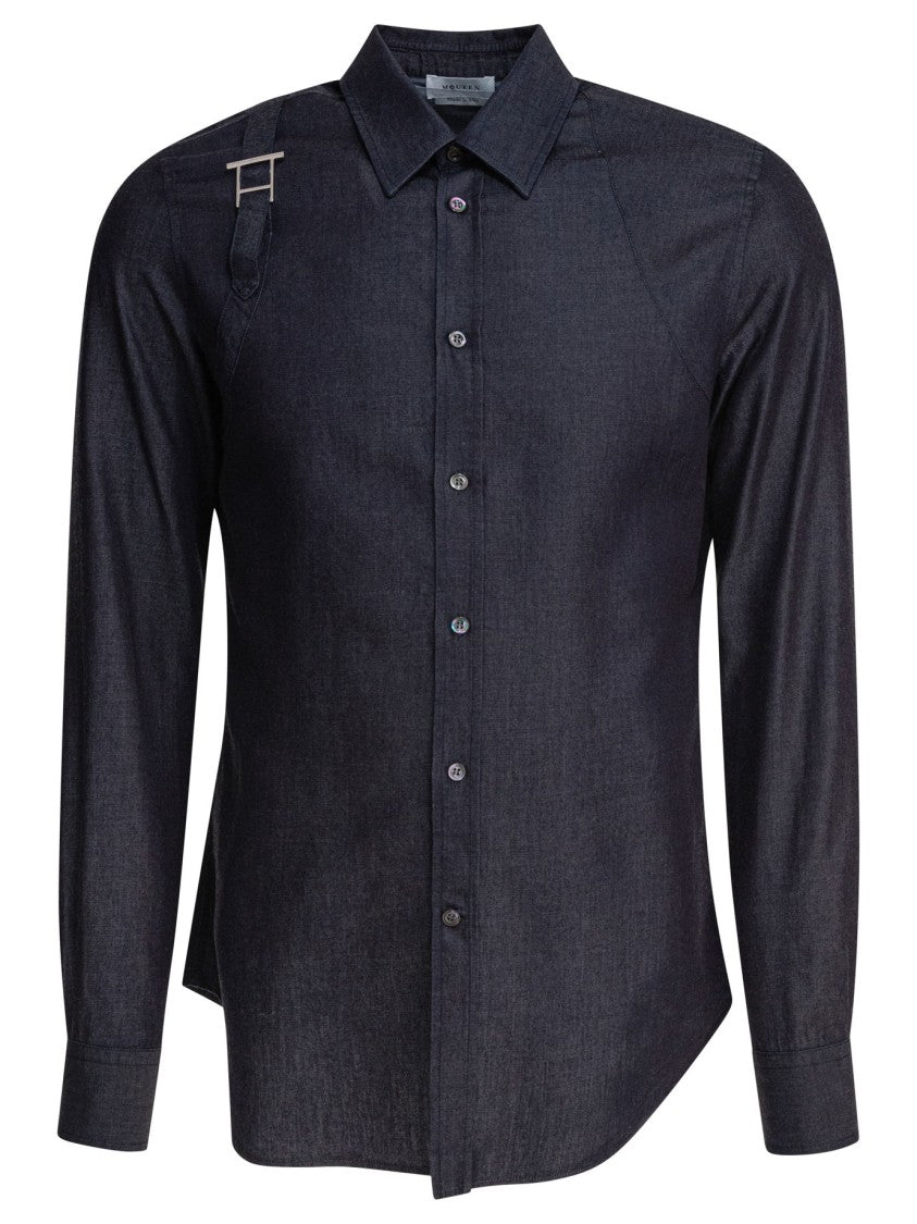 Alexander Mcqueen Deep Blue Cotton-Lyocell Blend Shirt With Unique Strap Detail