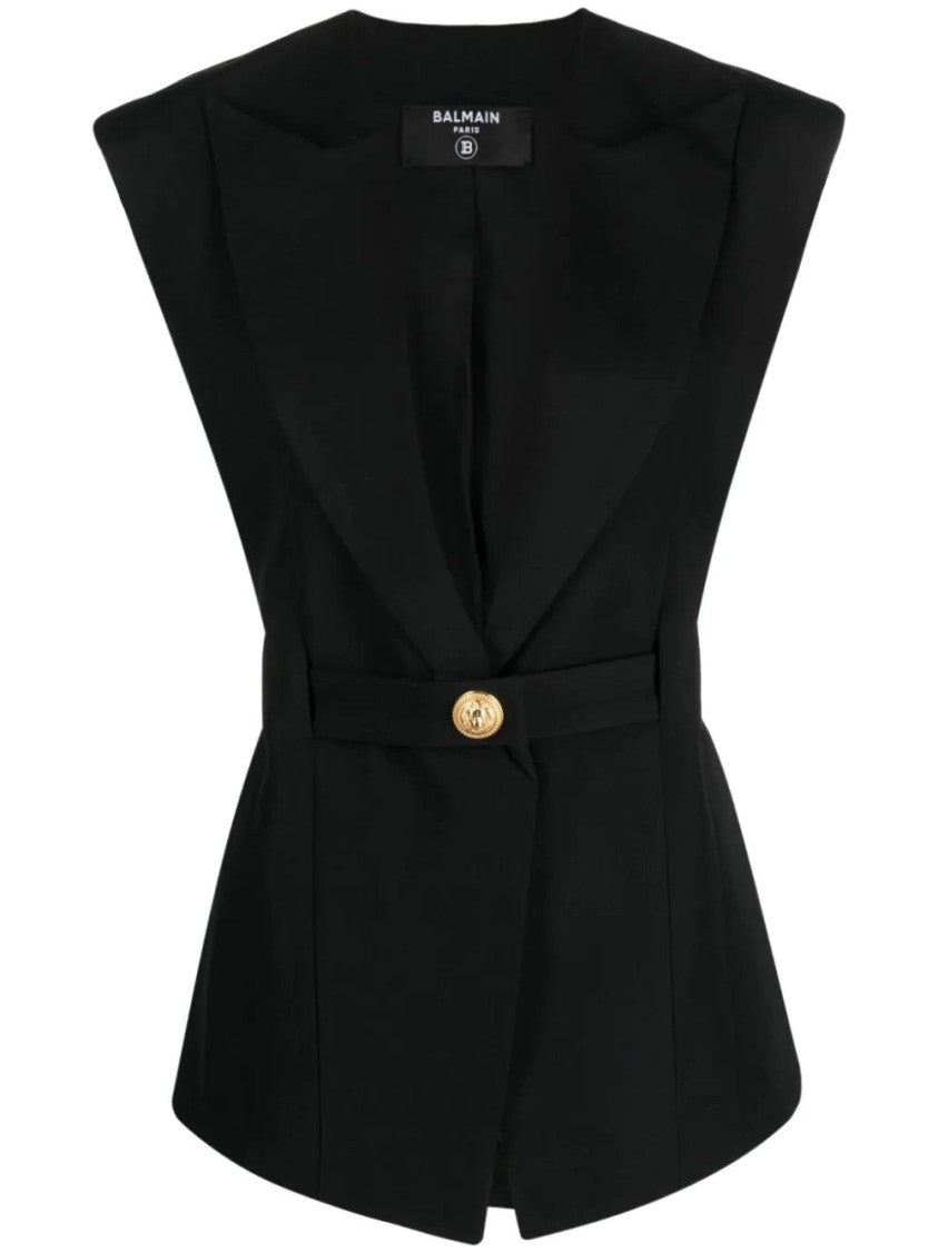 Balmain Black Sleeveless Belted Grain Wool Blazer