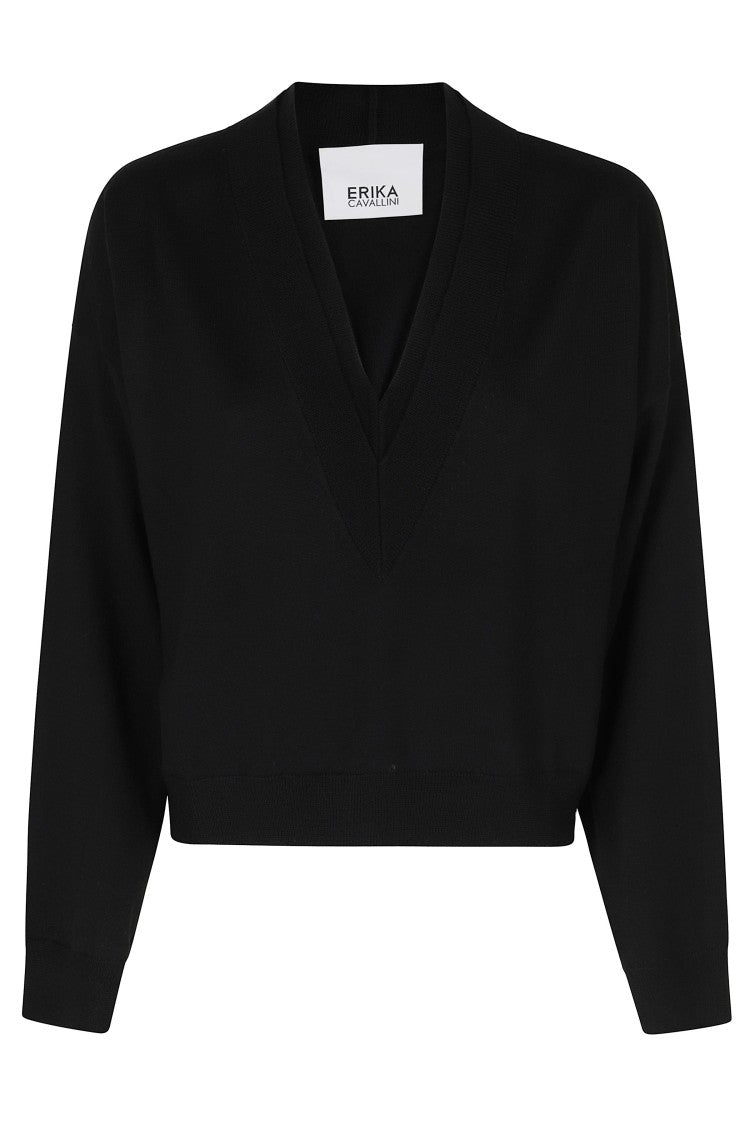 Erika Cavallini Cropped Black Cardigan With Deep V-Neck And Ribbed Trim