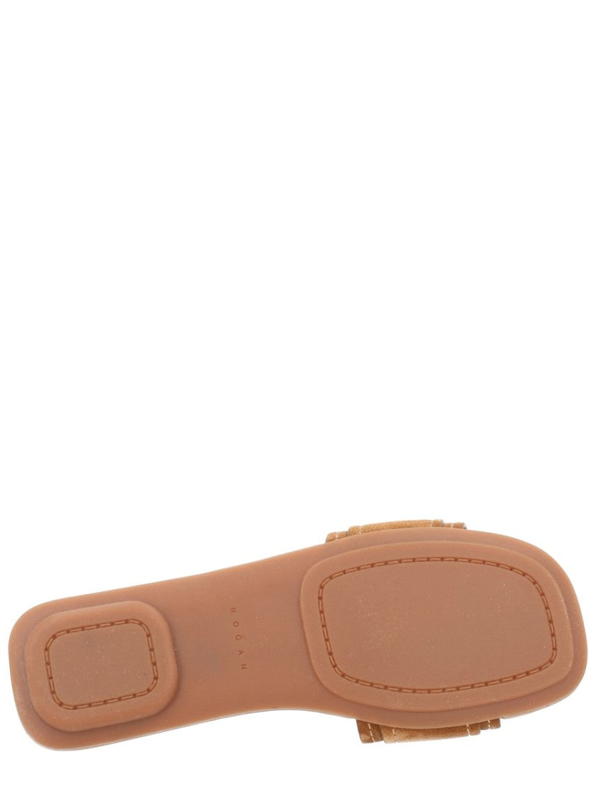 Hogan Flat Calf Leather Stitched Logo Sandals