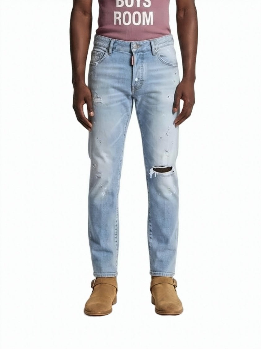 Dsquared2 Light Blue Distressed Denim Pants With Slim Fit