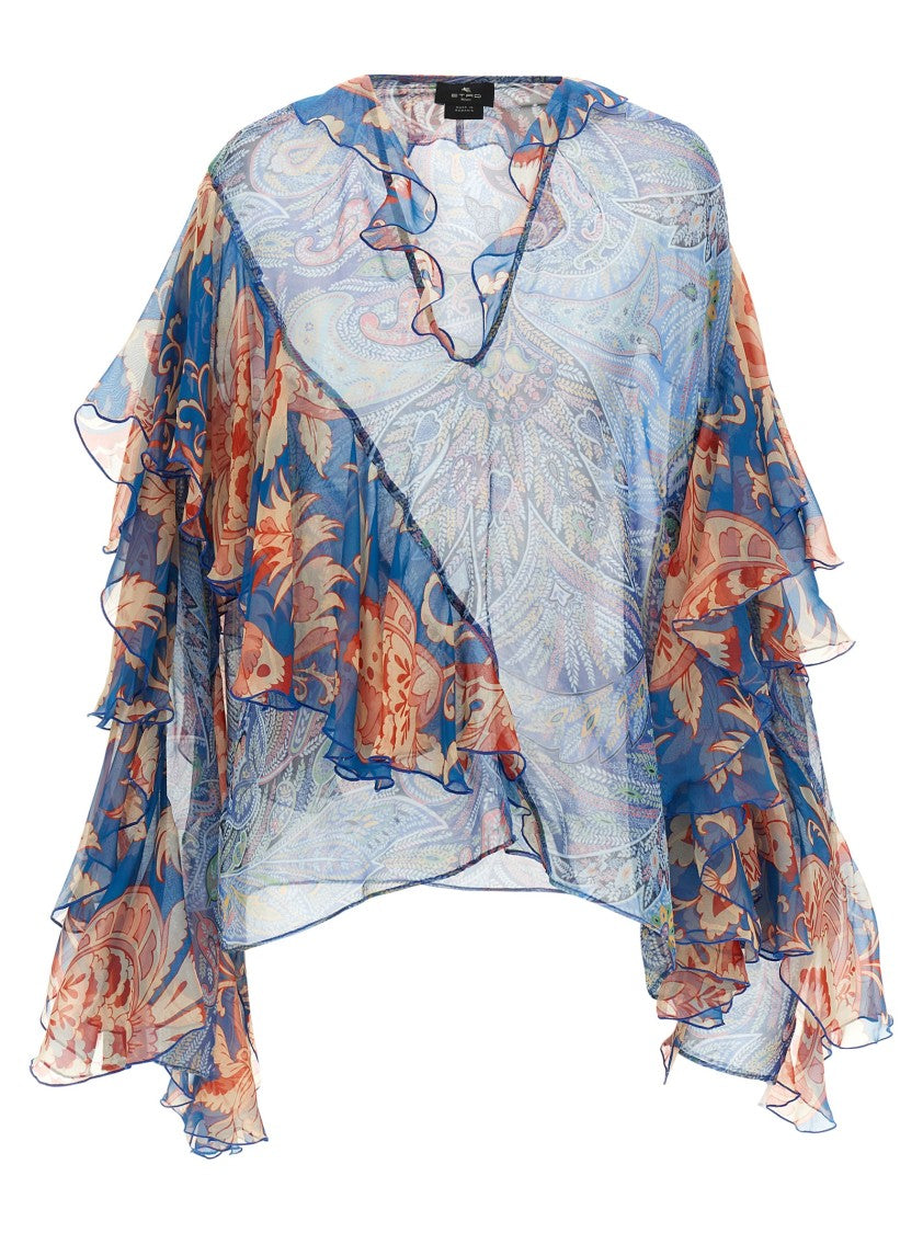 Etro Silk Chiffon Blouse With Asymmetric Ruffles And Floral Print