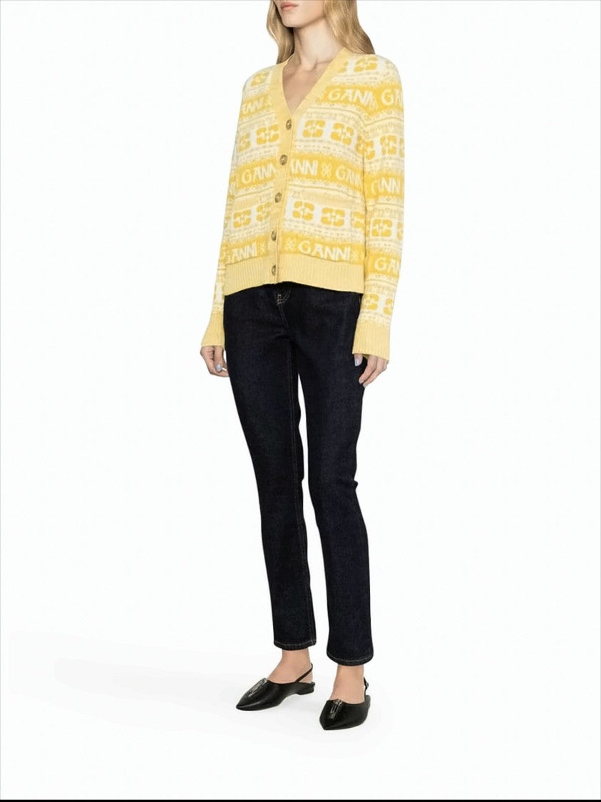 Ganni Cropped V-Neck Cardigan With Logo Motifs And Geometric Designs