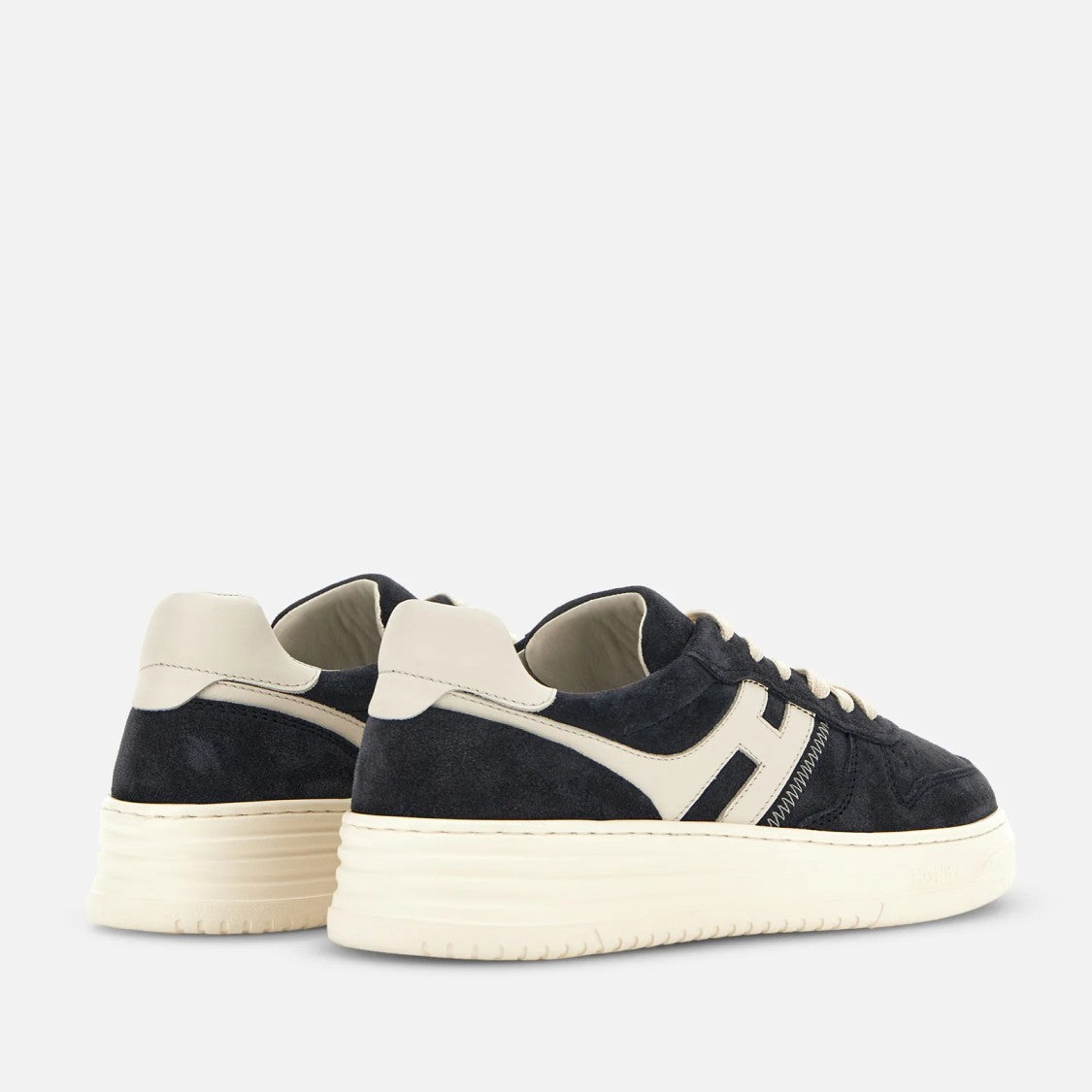 Hogan Lace-Up Navy Calfskin Shoes With Off-White Accents
