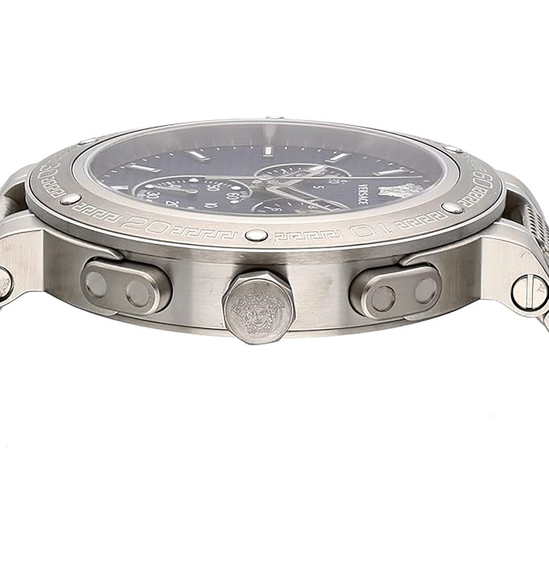 Versace Chronograph Timepiece With Blue Analog Dial And Stainless Steel Bracelet