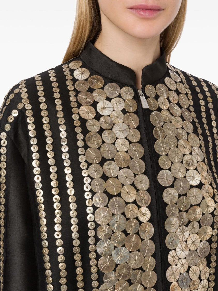 Alberta Ferretti Sequined Black Satin Bomber Jacket
