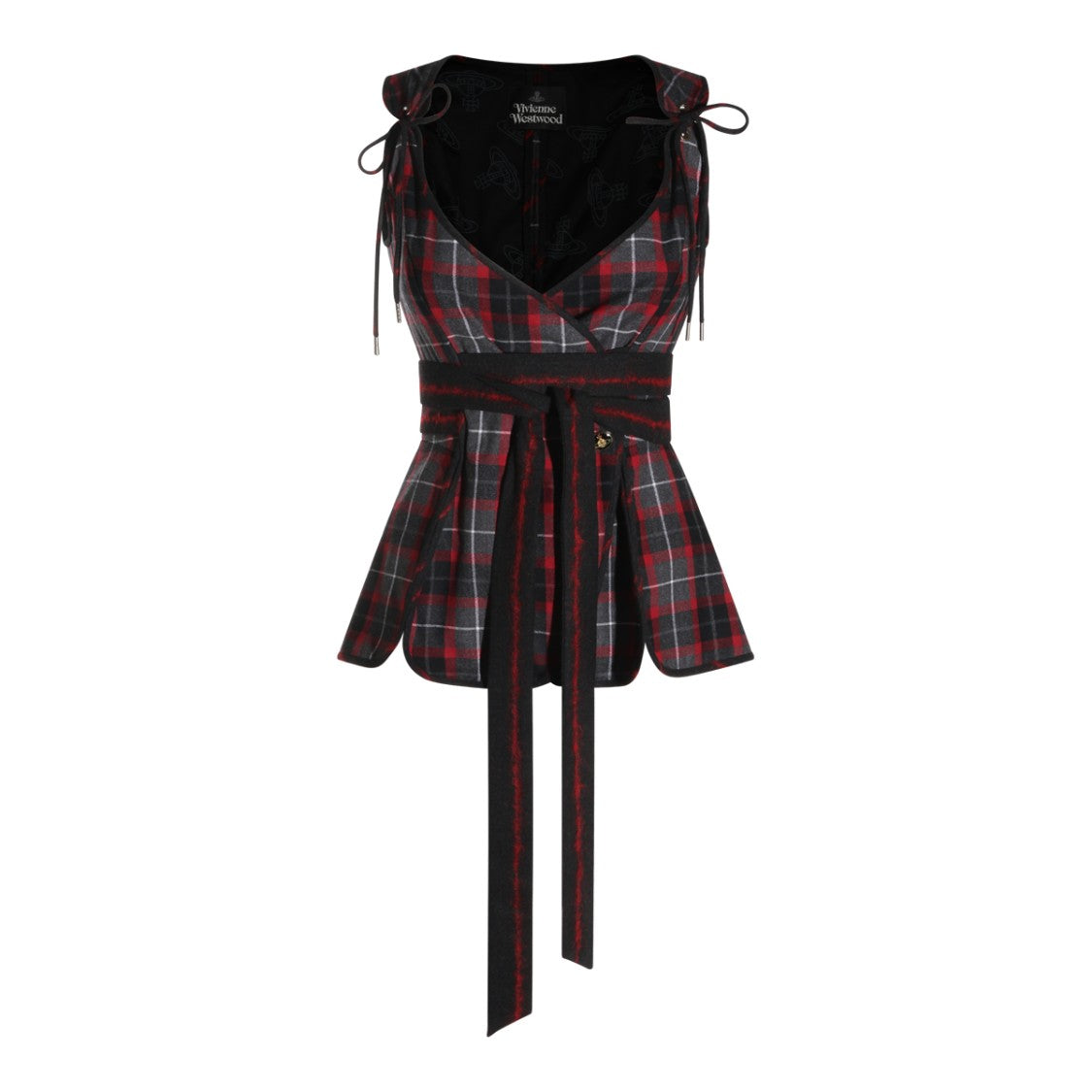 Vivienne Westwood Charcoal Red Roxy Tartan Fringed Virgin Wool Top
