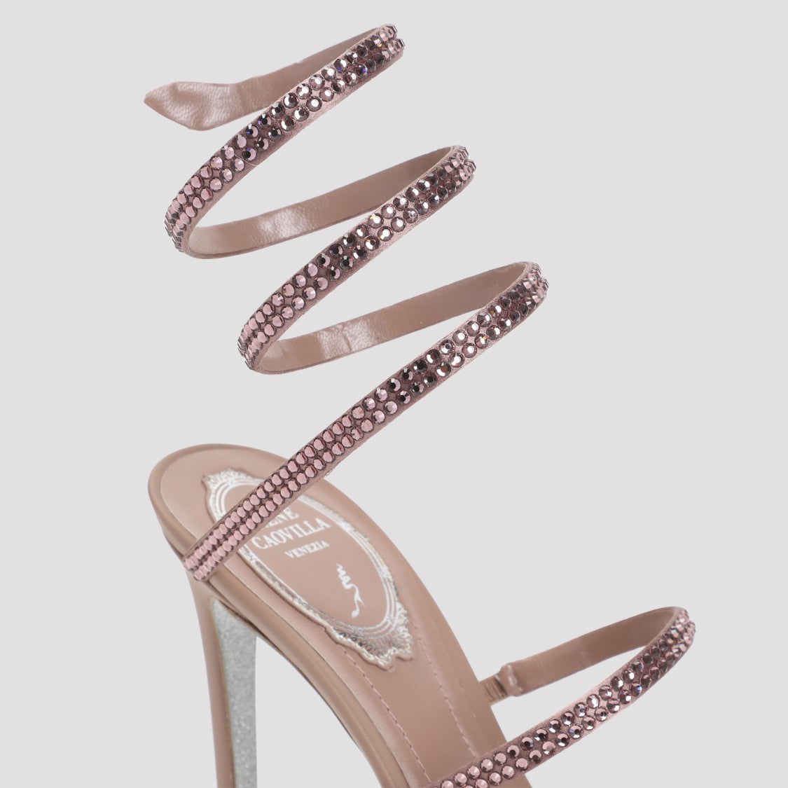 René Caovilla Phard Satin Blush Rose Strass Snake Sandals