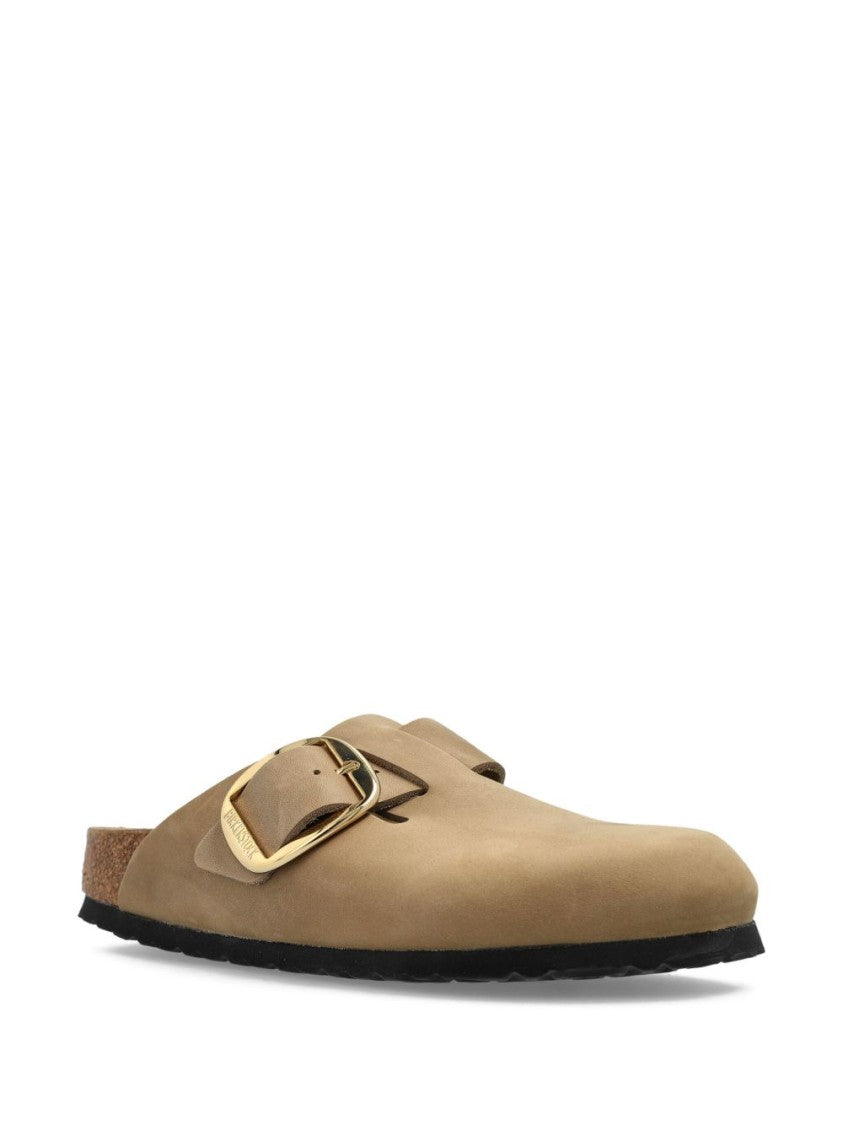 Birkenstock Contoured Brown Slip-On Sandals With Gold-Tone Buckle