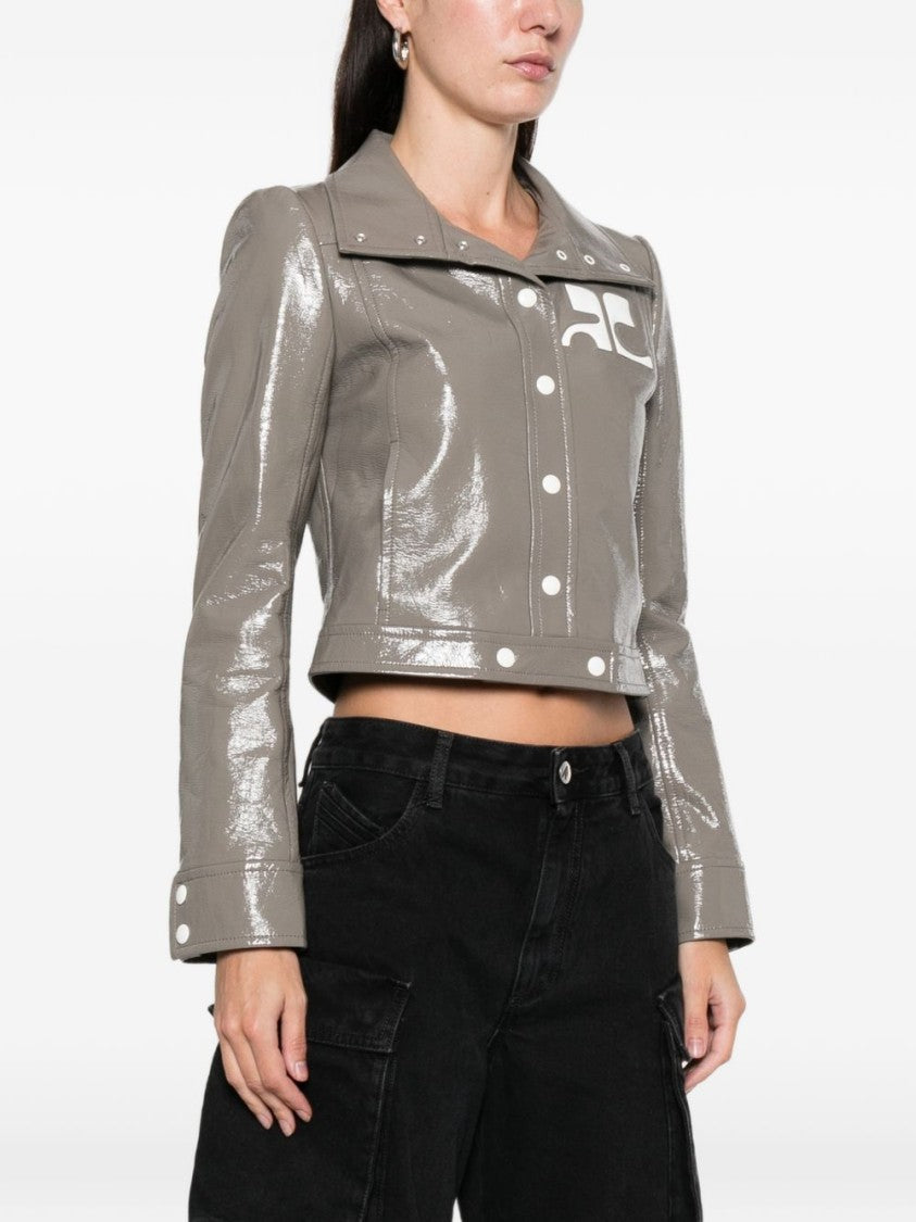 Courrèges Cropped Grey Jacket With Glossy Patent Finish And Bold Logo