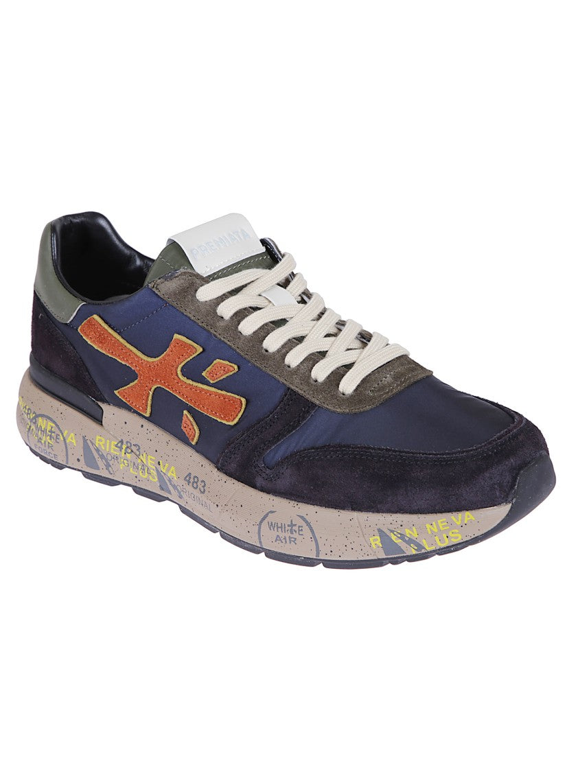 Premiata Low-Top Sneakers With Blue Technical Fabric And Green Leather Accents