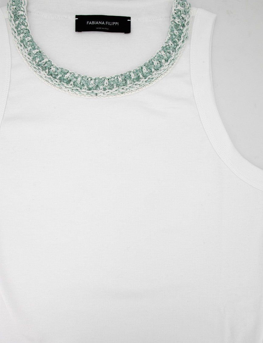 Fabiana Filippi Ribbed Cotton Top With Sequined Neckline