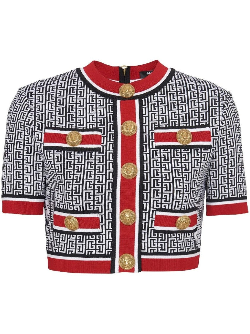 Balmain Ss Monogram Knit Cropped Top