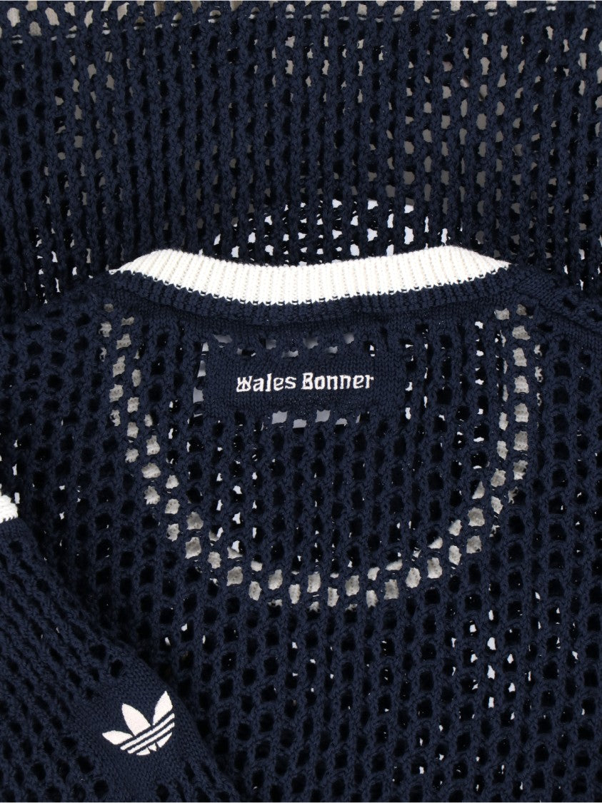 Adidas X Wales Bonner Navy Crochet T-Shirt With White Trefoil Logo