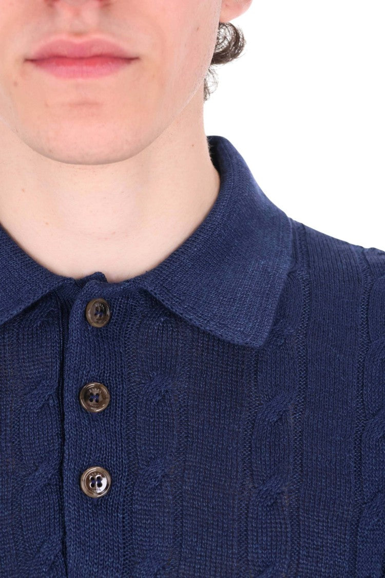 Barba Blue Cable-Knit Linen-Cotton Polo Shirt