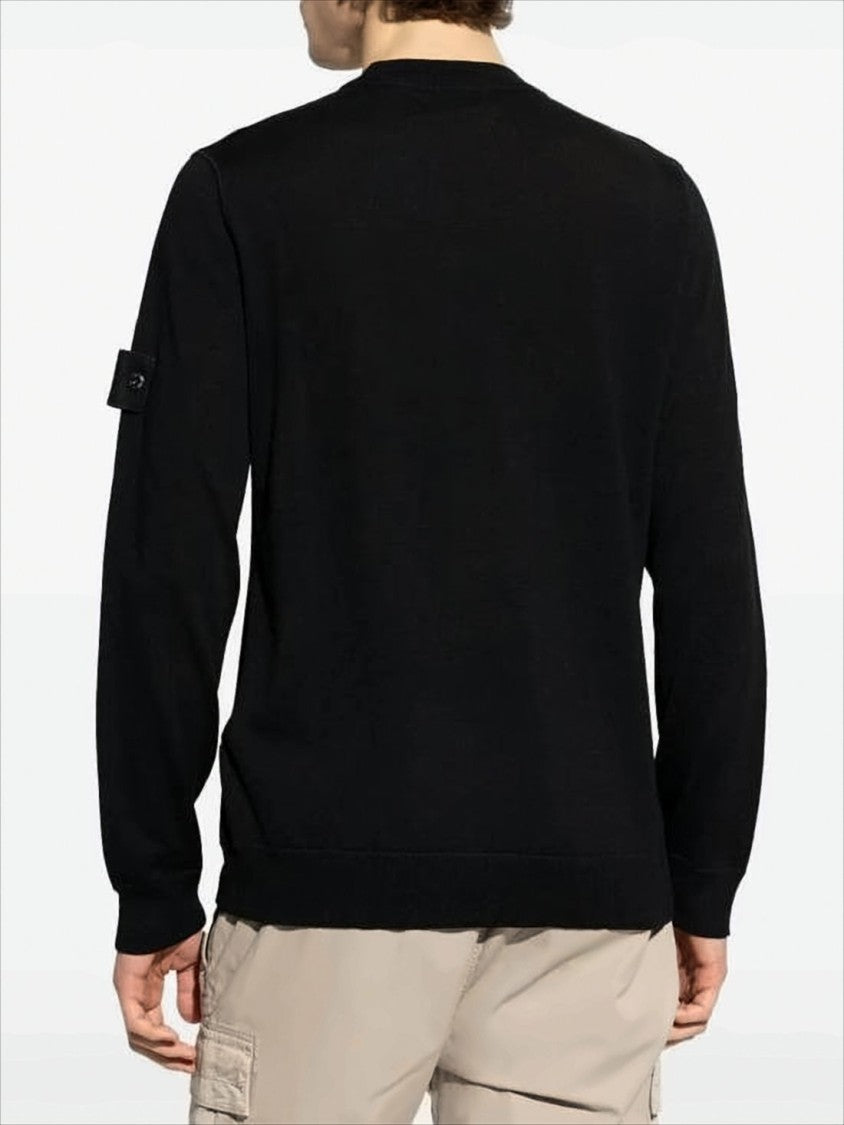 Stone Island Crew Neck Black Wool Sweater With Distinctive Patch Detail