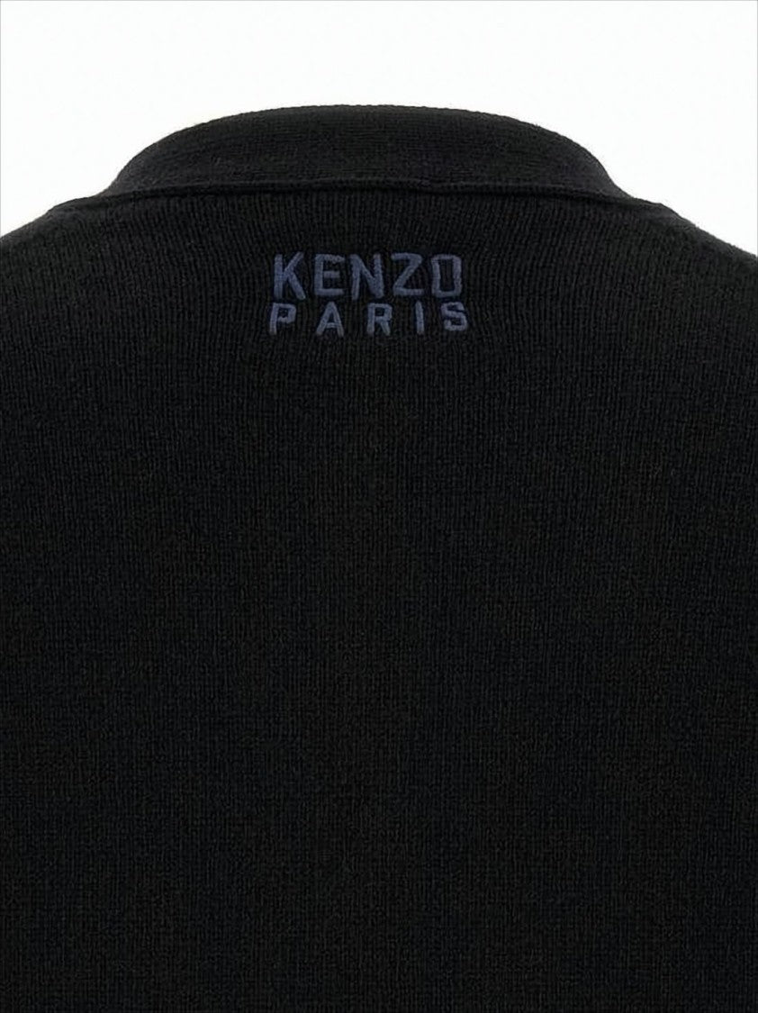 Kenzo Black Wool Cardigan With V-Neckline And Embroidered Details