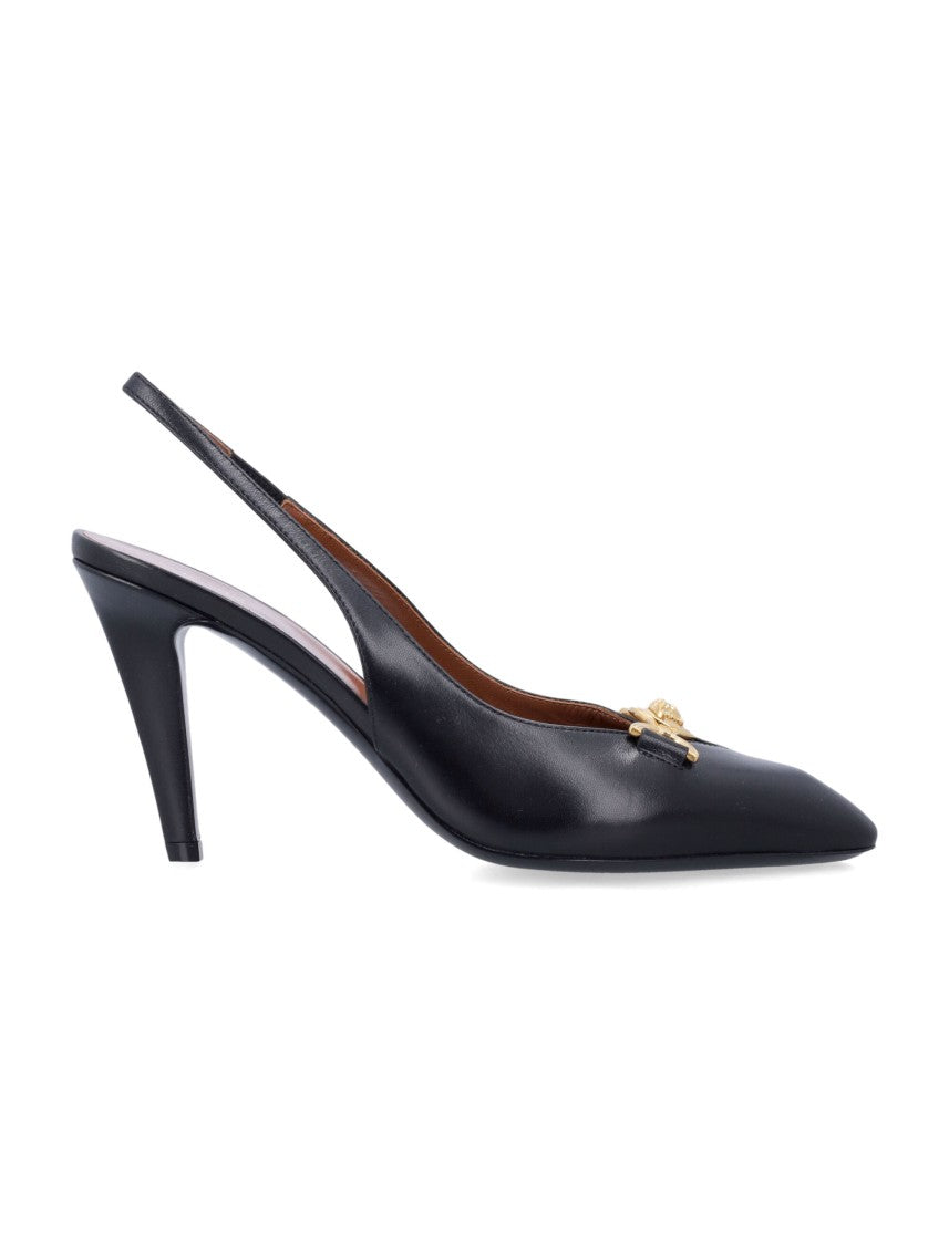 Versace Sling Back 90 Gold Emblem Pointed Toe Pumps