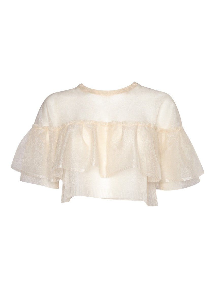 Philosophy Di Lorenzo Serafini Beige Round Neck Top With Layered Ruffle Design